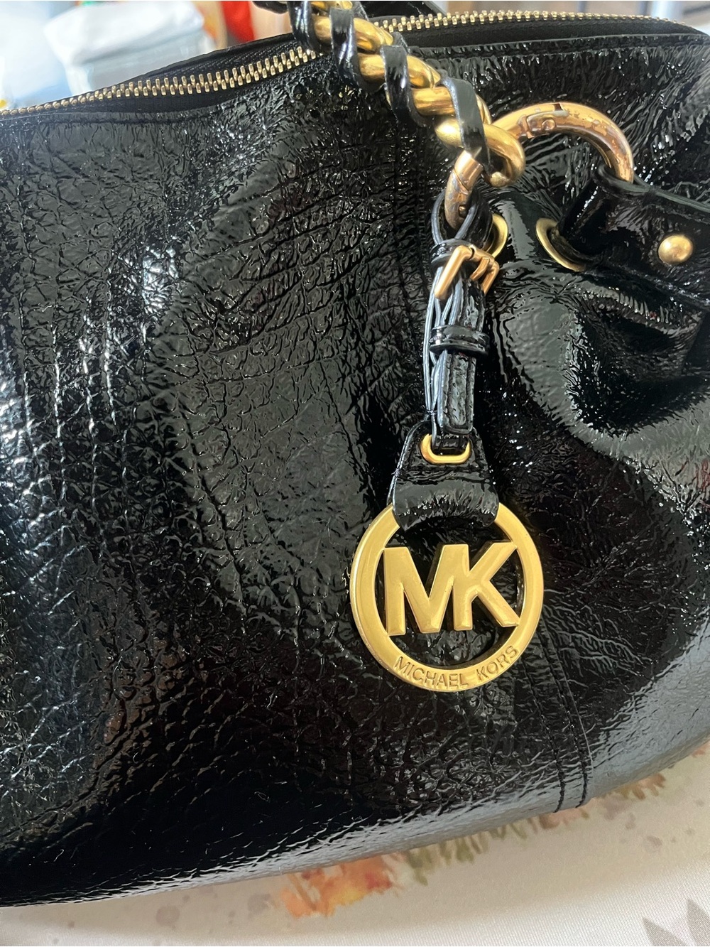 Michael Kors Black Patent Shoulder Bag with Gold Chain Trim - Picture 4 of 4